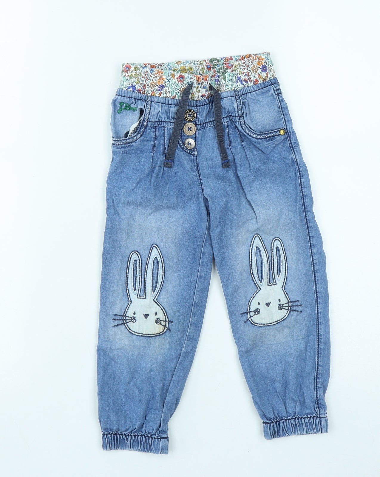 NEXT Girls Blue Geometric Cotton Straight Jeans Size 2-3 Years  Regular Drawstring - Bunny Rabbits