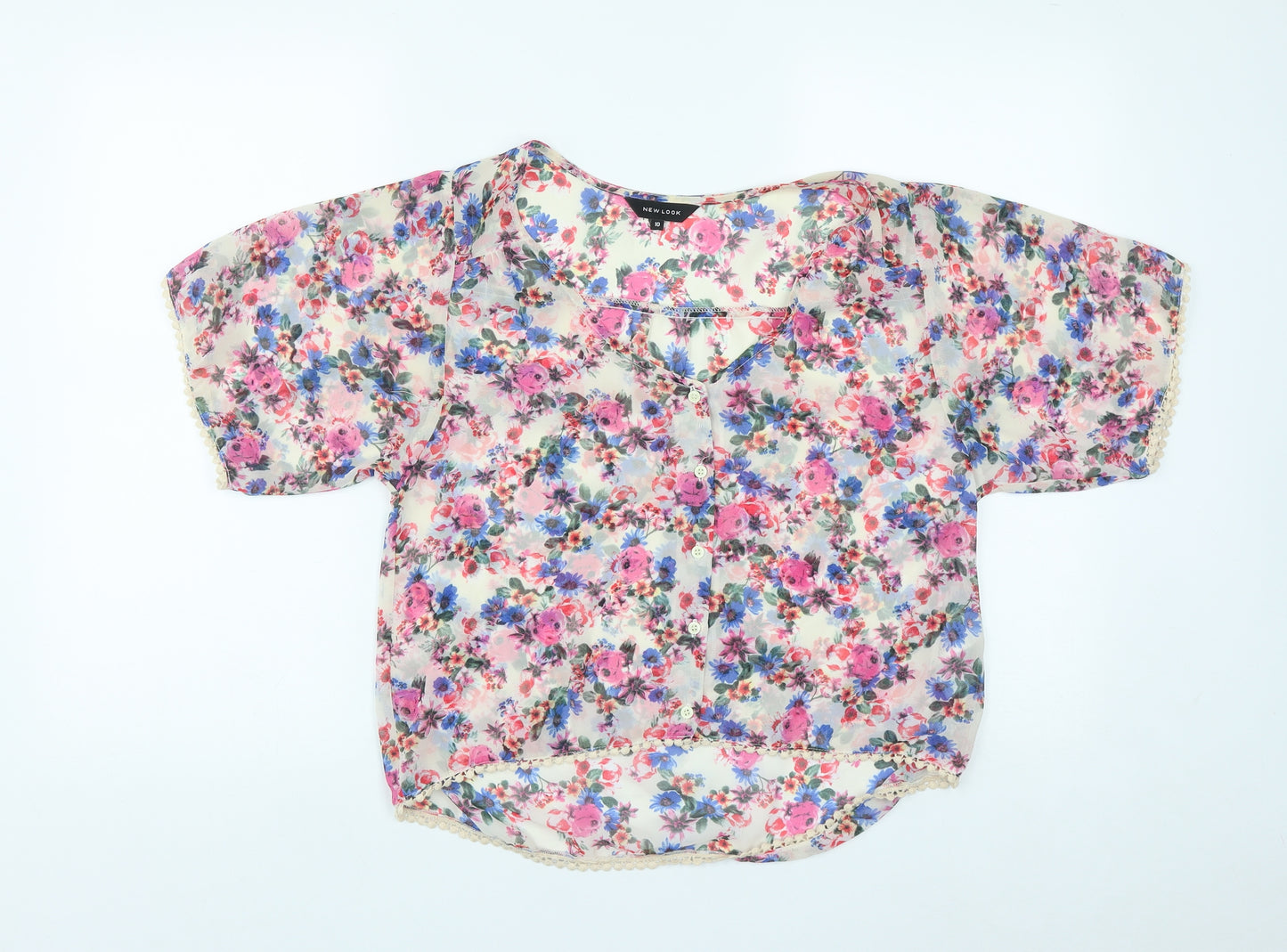 New Look Womens Multicoloured Floral Polyester Basic Button-Up Size 10 Scoop Neck