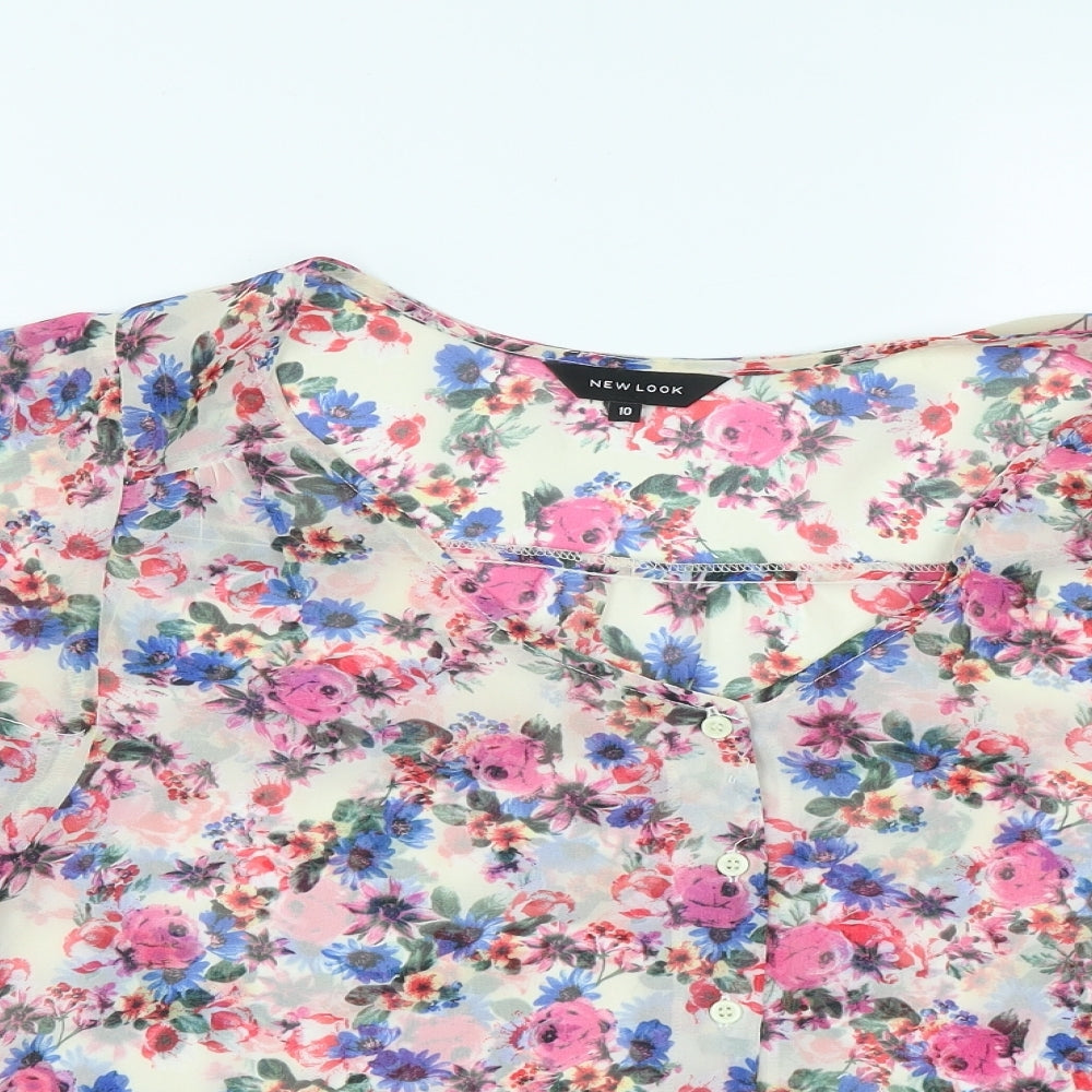New Look Womens Multicoloured Floral Polyester Basic Button-Up Size 10 Scoop Neck