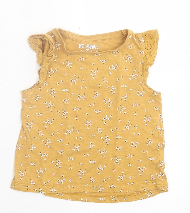 F&F Girls Yellow Floral Cotton Basic T-Shirt Size 2-3 Years Crew Neck Button