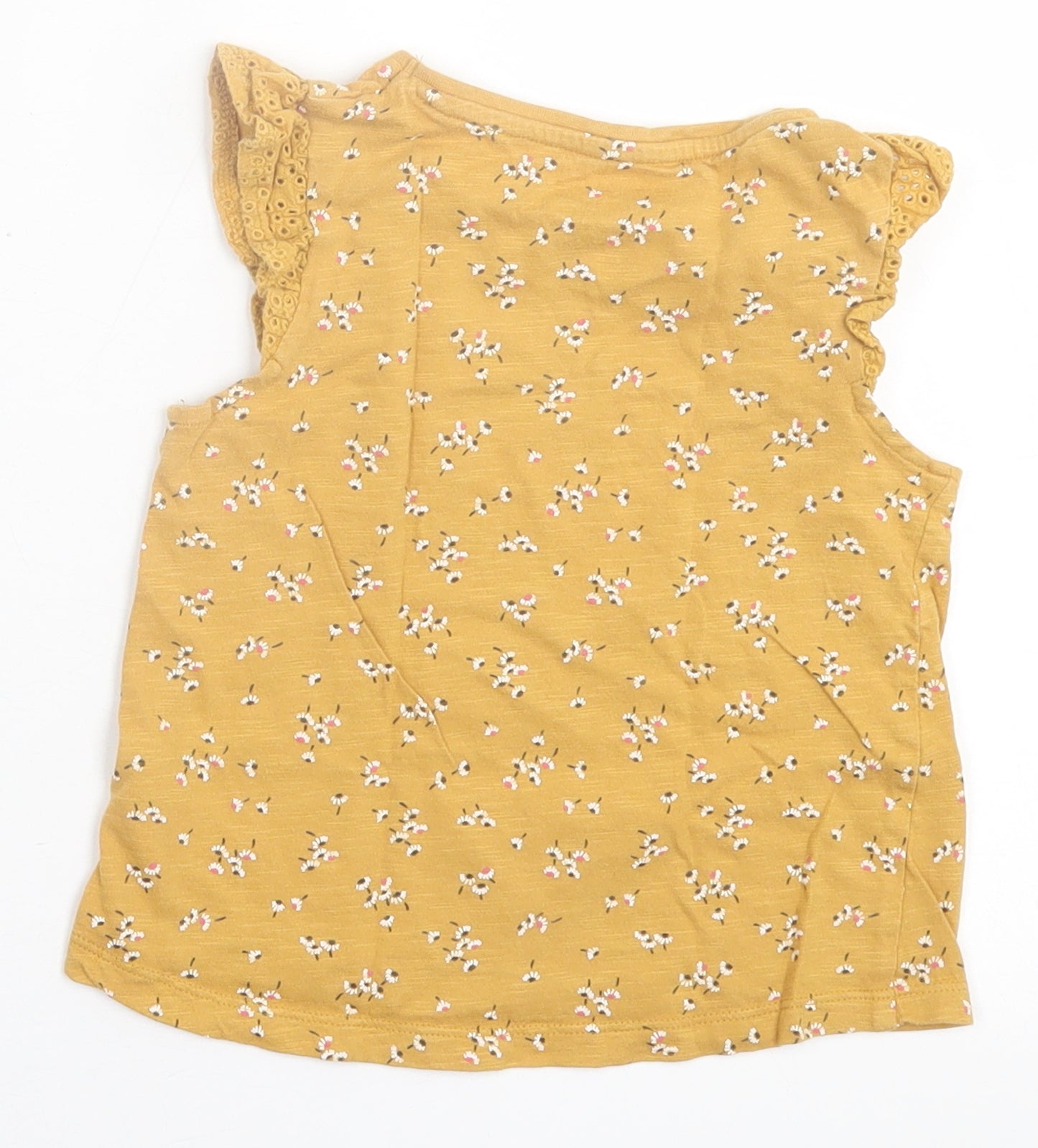F&F Girls Yellow Floral Cotton Basic T-Shirt Size 2-3 Years Crew Neck Button