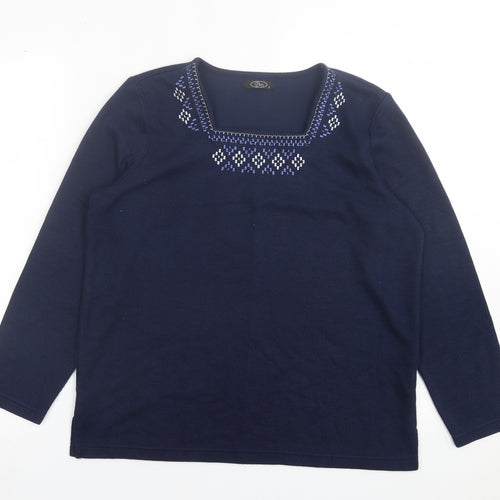 BM Womens Blue Square Neck Geometric Polyester Pullover Jumper Size S