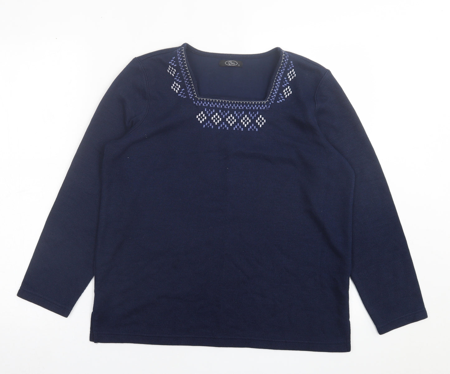BM Womens Blue Square Neck Geometric Polyester Pullover Jumper Size S