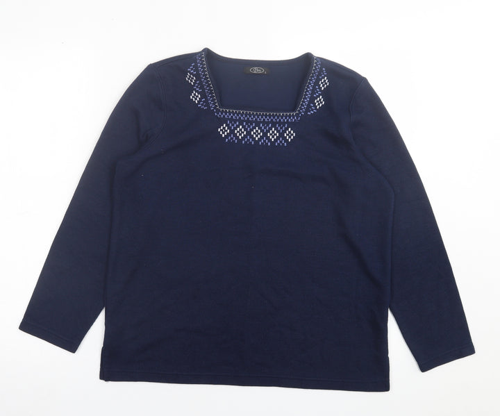 BM Womens Blue Square Neck Geometric Polyester Pullover Jumper Size S