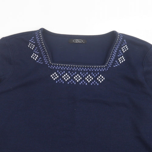 BM Womens Blue Square Neck Geometric Polyester Pullover Jumper Size S
