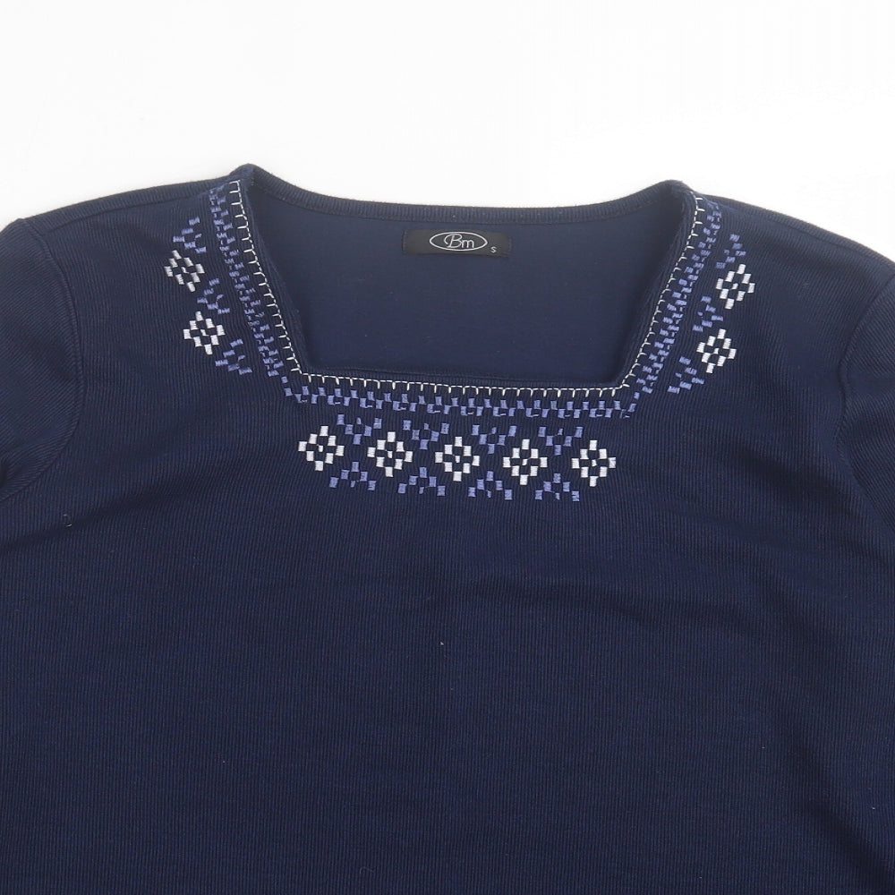 BM Womens Blue Square Neck Geometric Polyester Pullover Jumper Size S