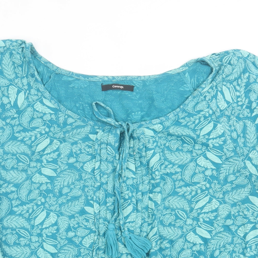 George Womens Blue Geometric Cotton Basic T-Shirt Size 14 Boat Neck