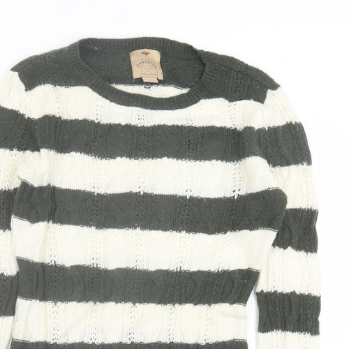 Aphorism Womens Green Crew Neck Striped Nylon Pullover Jumper Size M