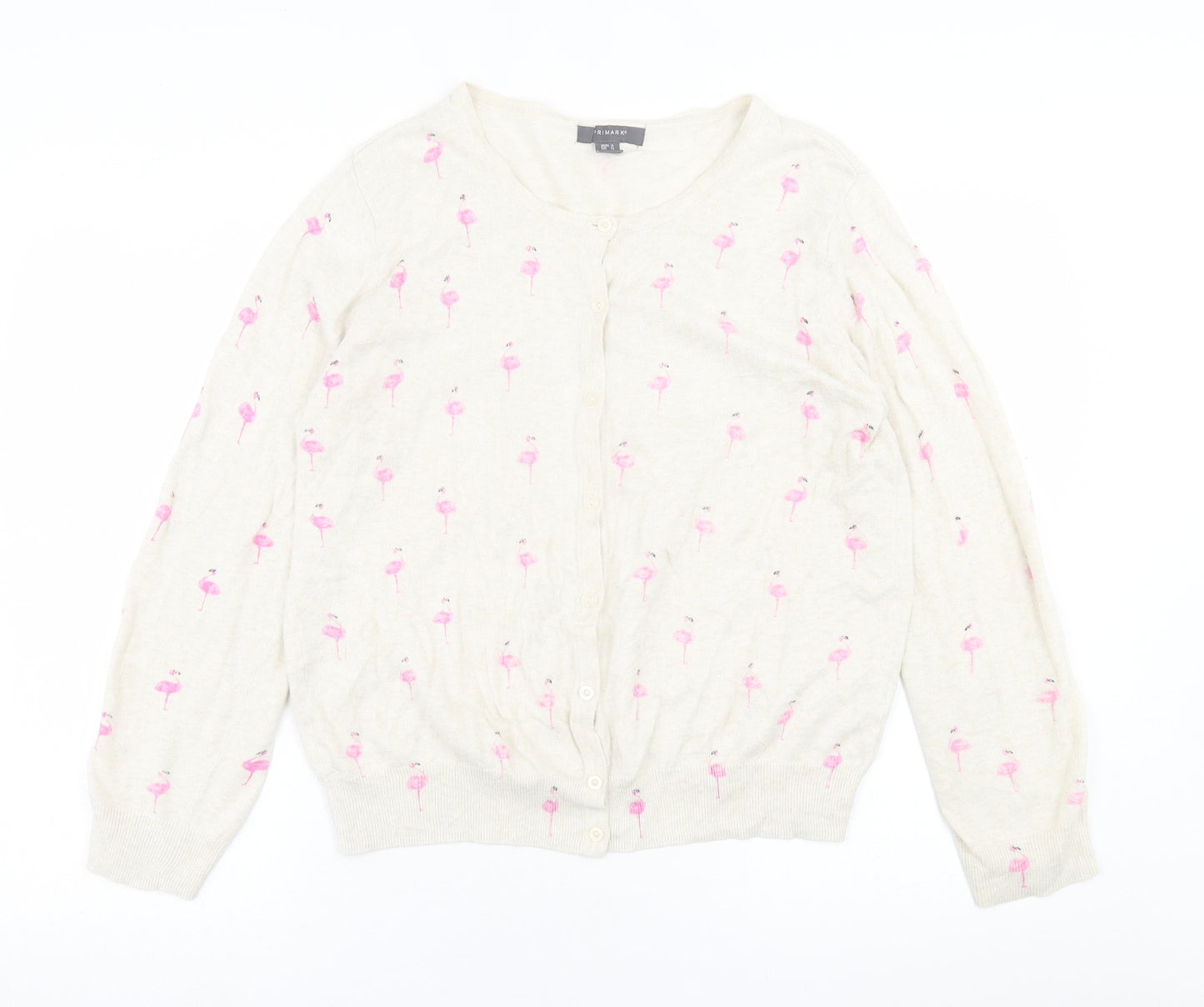 Primark Womens Beige Collared Geometric Cotton Cardigan Jumper Size 16   - Flamingo Print