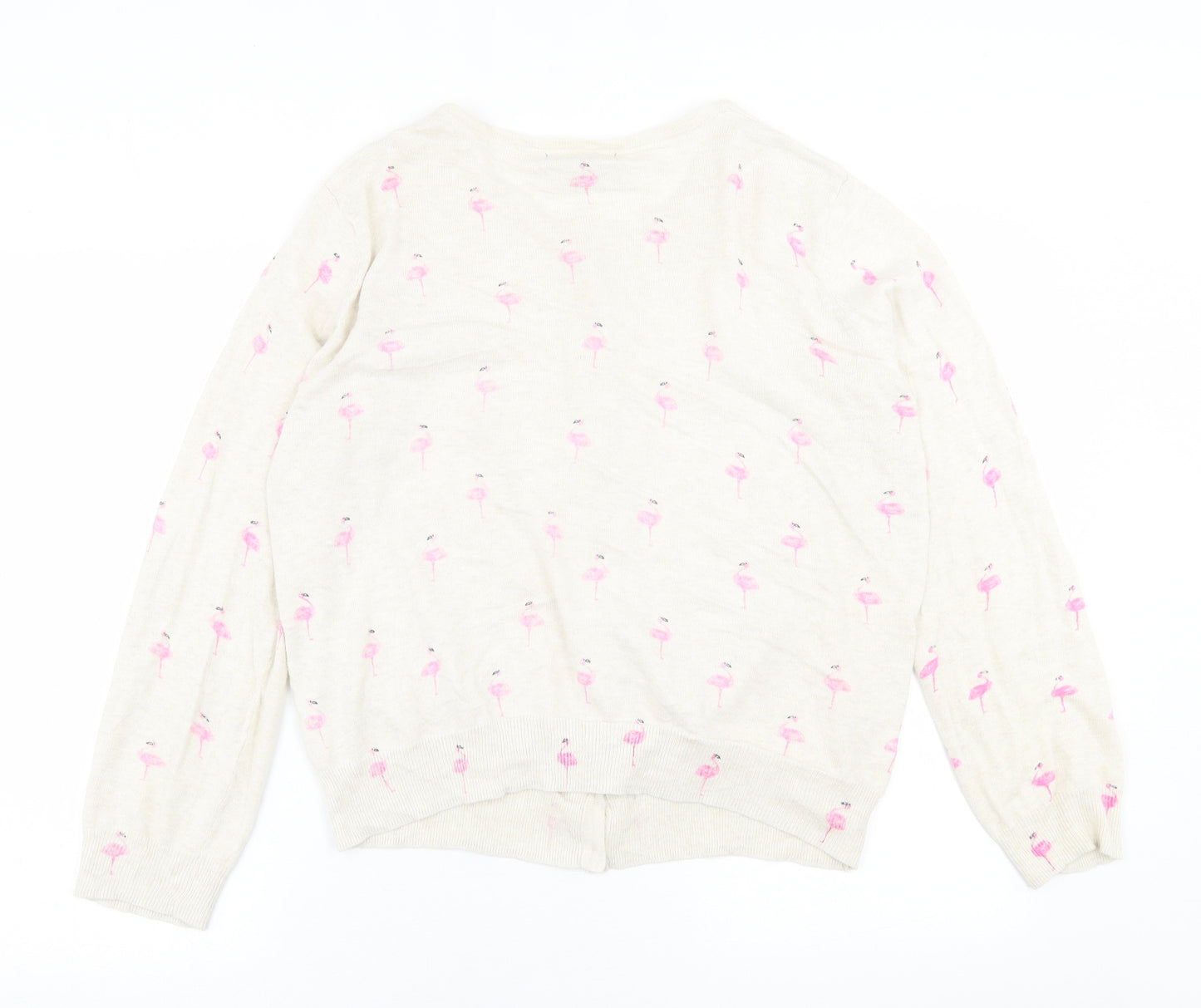 Primark Womens Beige Collared Geometric Cotton Cardigan Jumper Size 16   - Flamingo Print