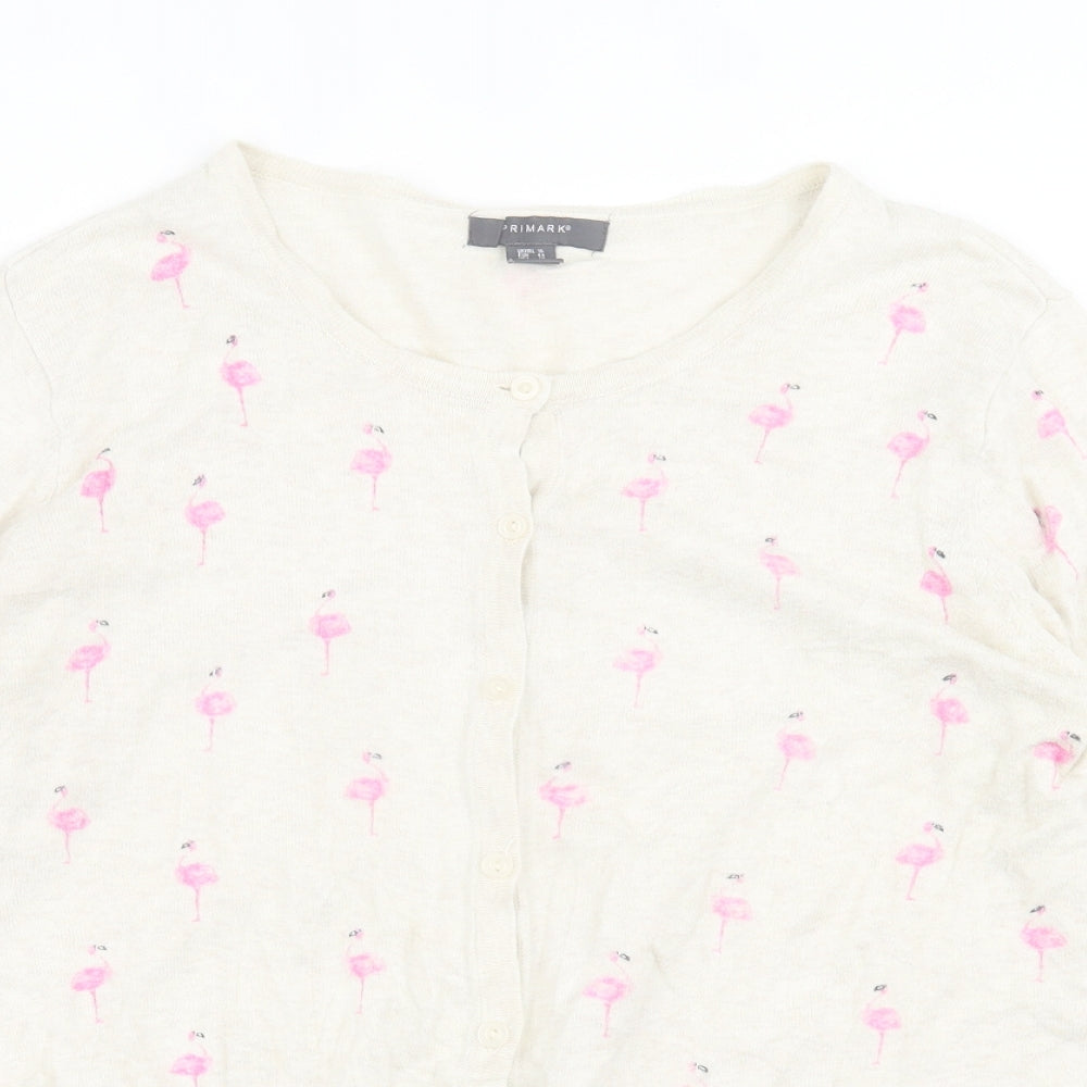 Primark Womens Beige Collared Geometric Cotton Cardigan Jumper Size 16   - Flamingo Print