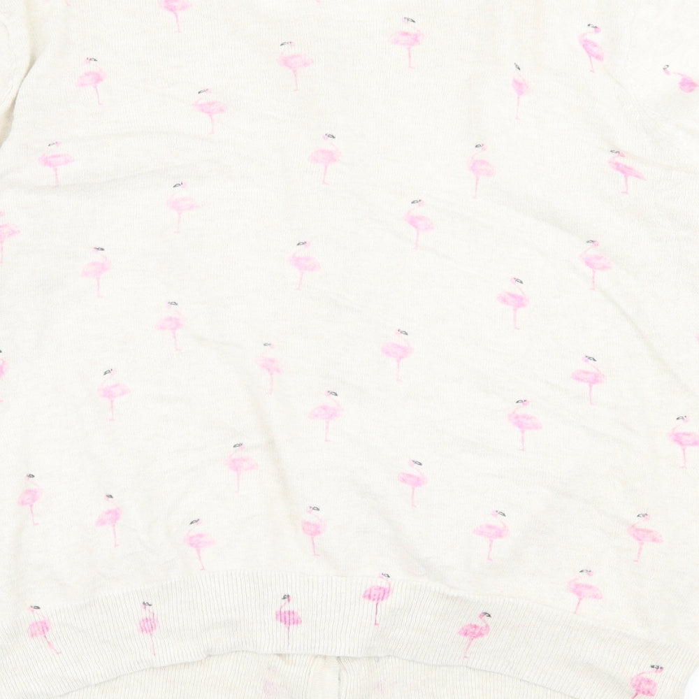 Primark Womens Beige Collared Geometric Cotton Cardigan Jumper Size 16   - Flamingo Print