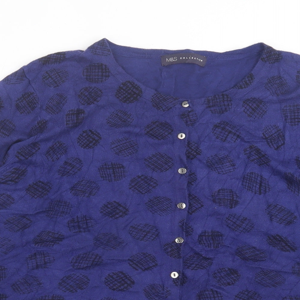 Marks and Spencer Womens Blue Crew Neck Geometric Viscose Cardigan Jumper Size 16