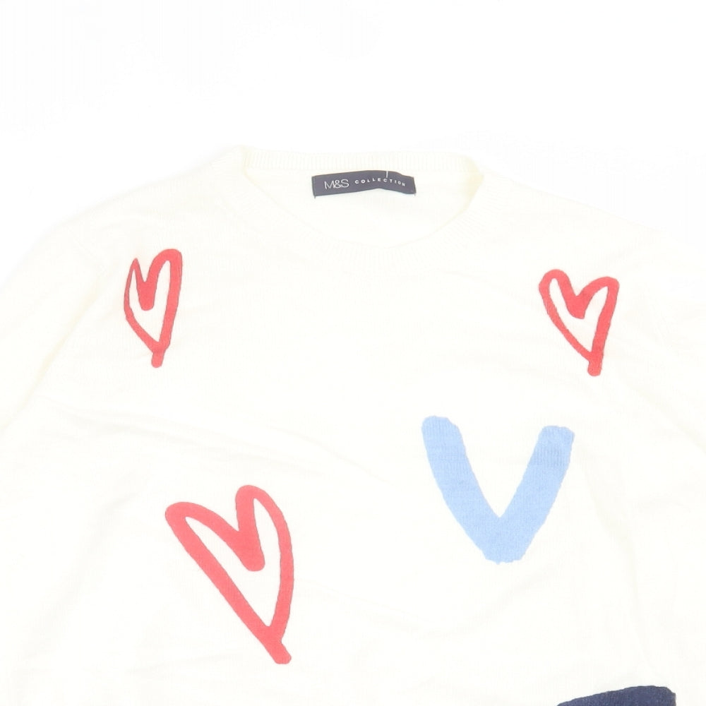 Marks and Spencer Womens White Crew Neck Geometric Acrylic Pullover Jumper Size 8