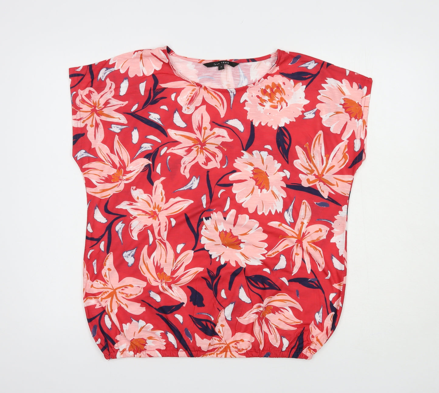 Bonmarché Womens Red Floral Polyester Basic T-Shirt Size 14 Crew Neck