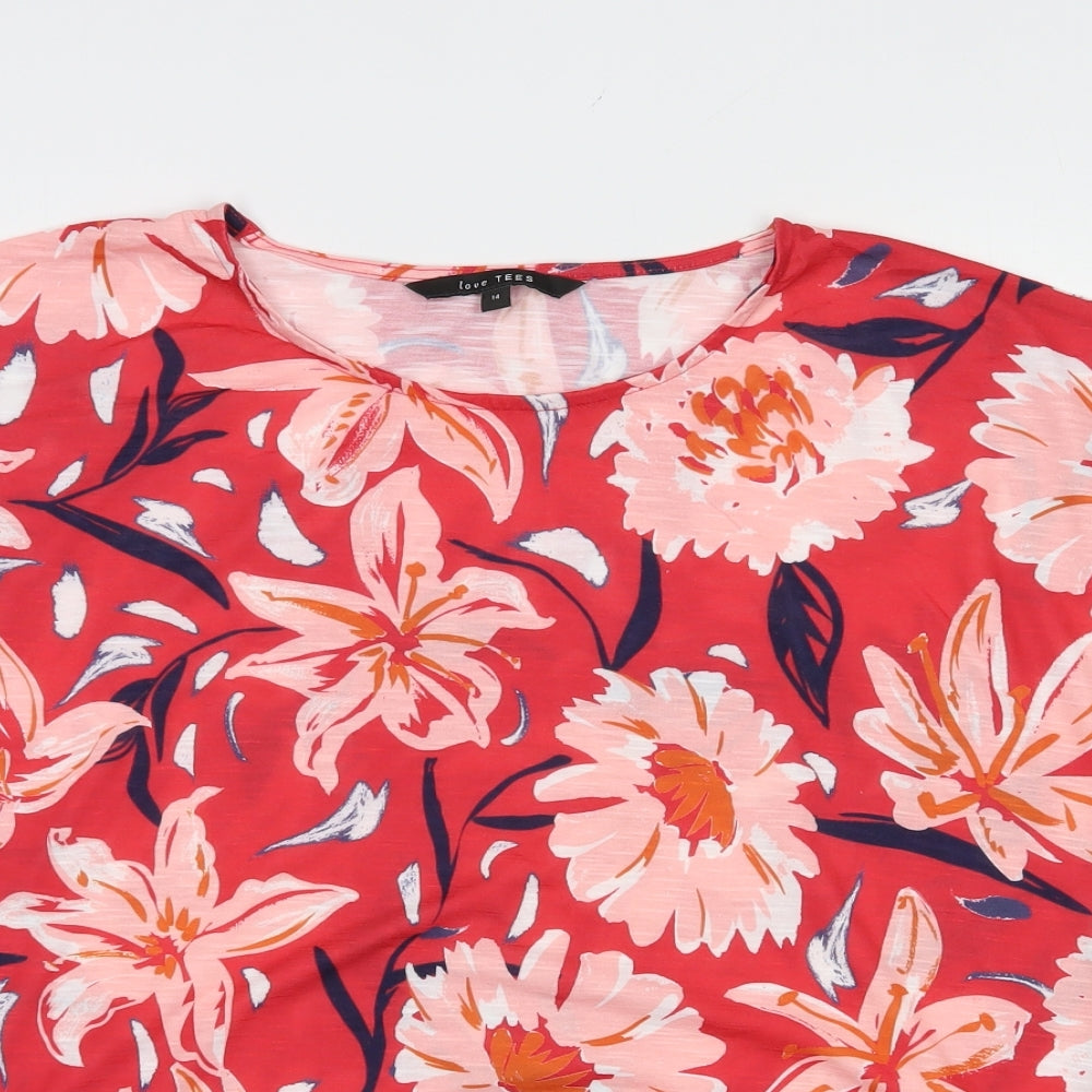 Bonmarché Womens Red Floral Polyester Basic T-Shirt Size 14 Crew Neck