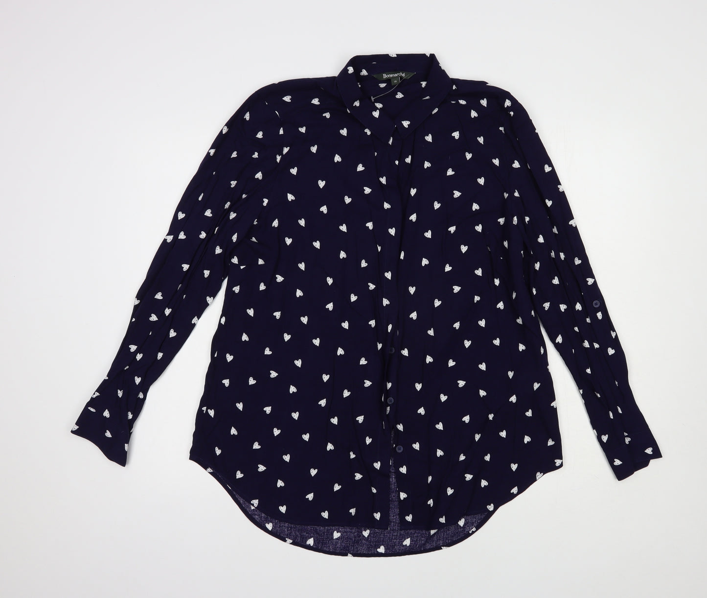 Bonmarché Womens Blue Geometric Viscose Basic Button-Up Size 16 Collared - Heart Print