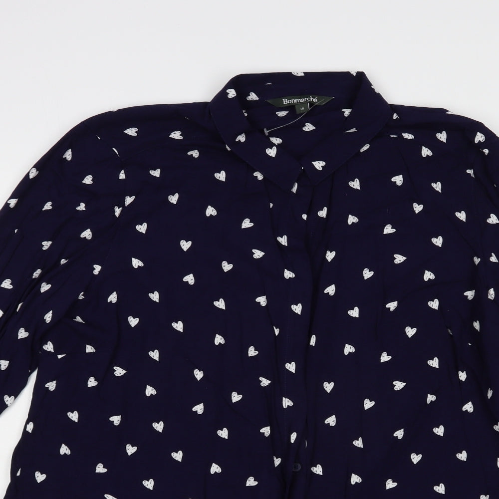 Bonmarché Womens Blue Geometric Viscose Basic Button-Up Size 16 Collared - Heart Print