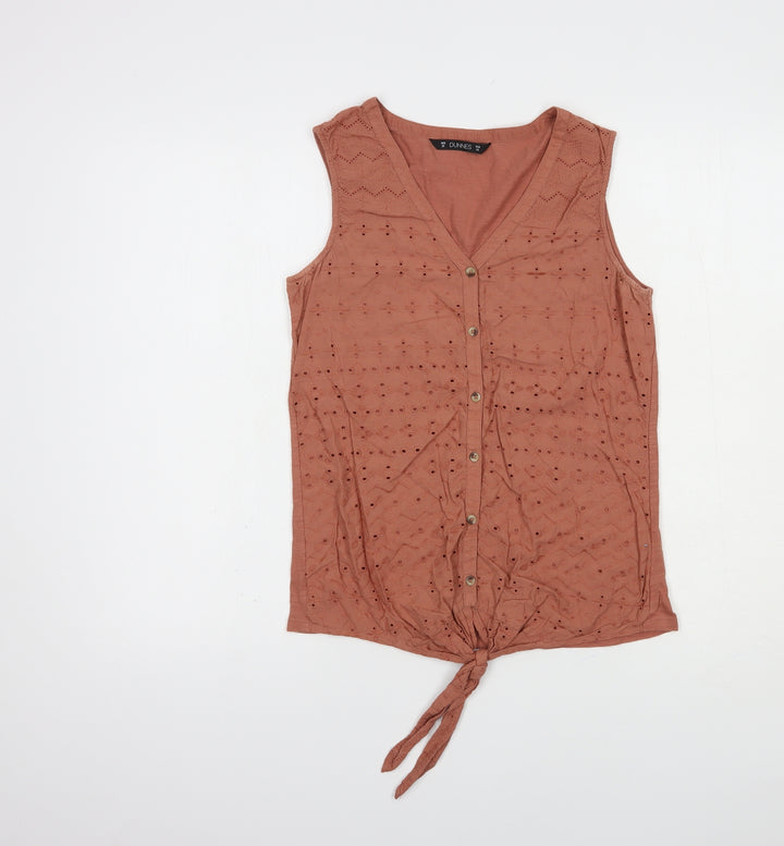Dunnes Stores Womens Brown  Cotton Basic Blouse Size XS V-Neck
