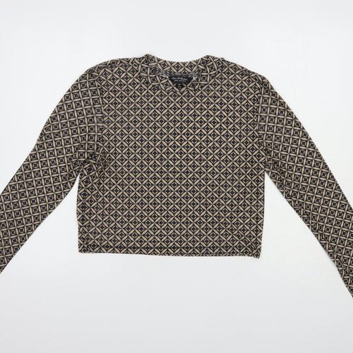 Miss Selfridge Womens Beige Geometric Polyester Cropped Blouse Size 14 Mock Neck