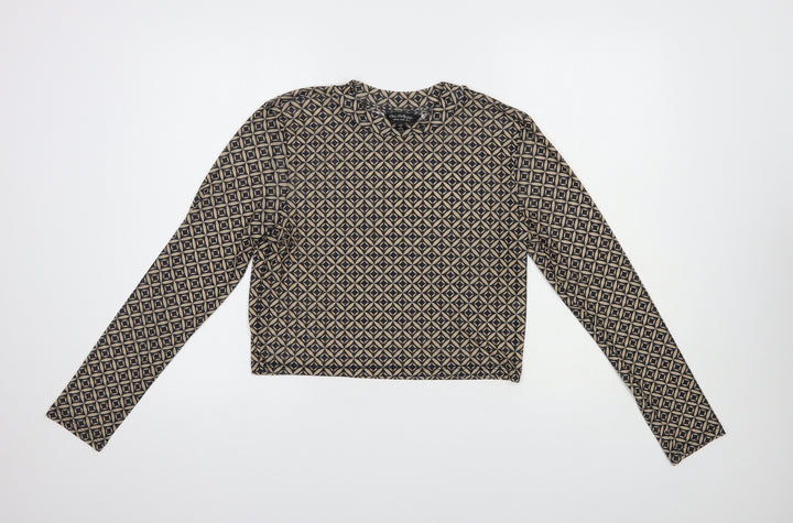 Miss Selfridge Womens Beige Geometric Polyester Cropped Blouse Size 14 Mock Neck