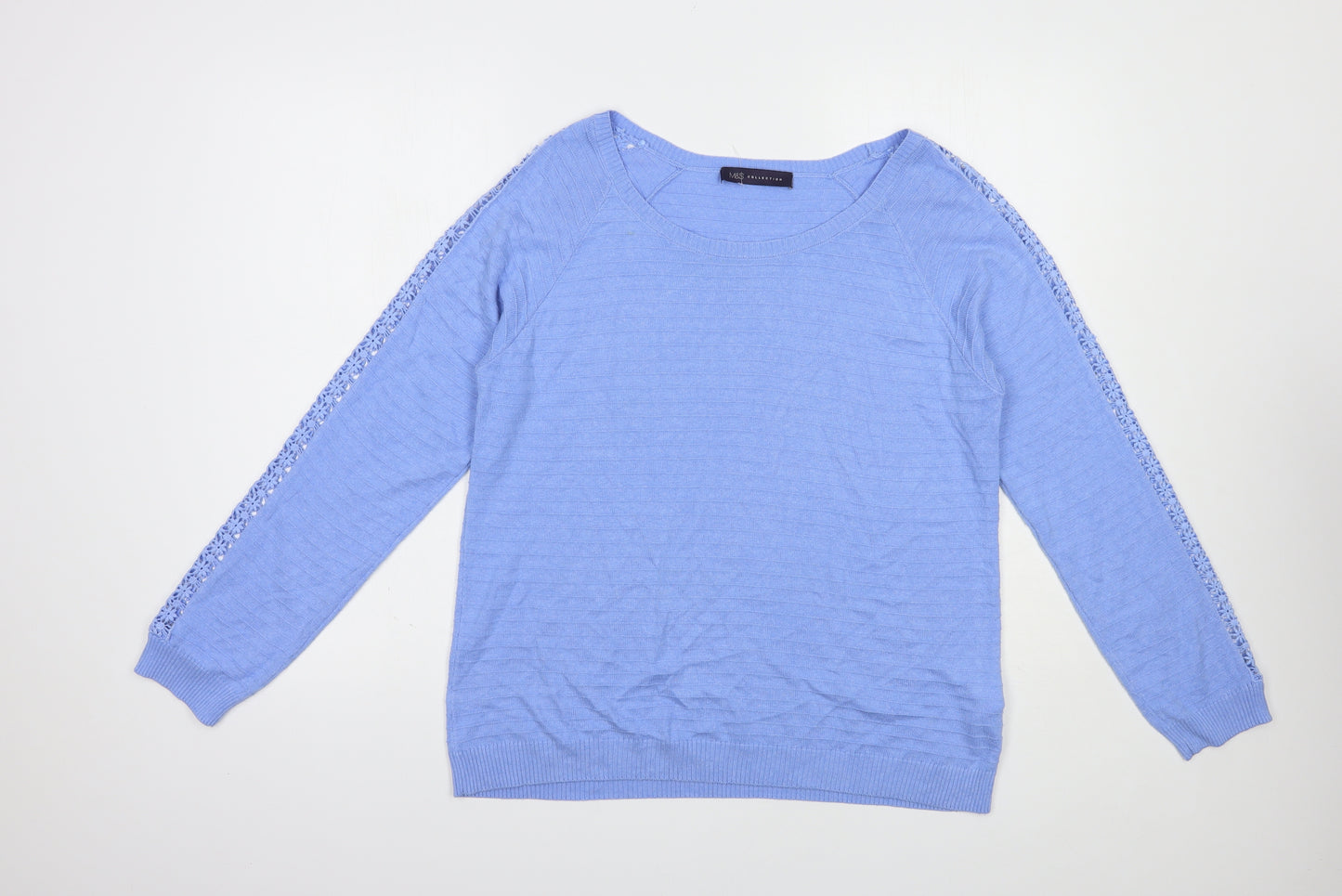 Marks and Spencer Womens Blue Boat Neck  Cotton Pullover Jumper Size 14   - Lace Detail