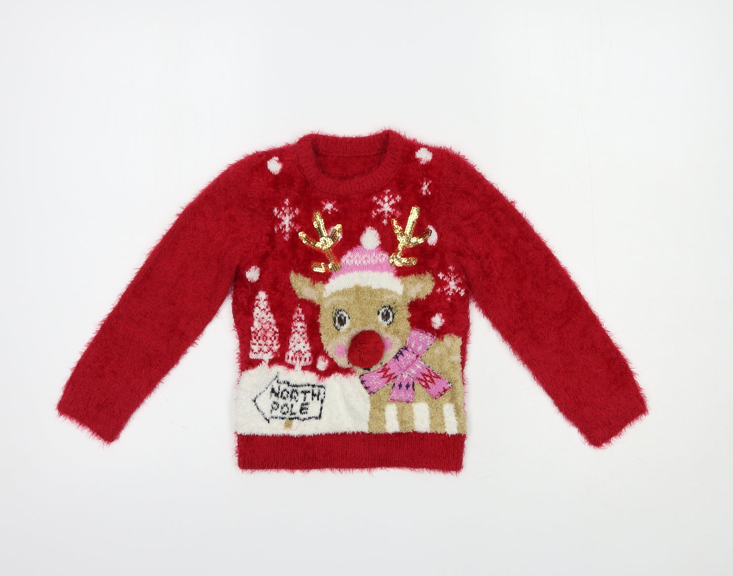 Nutmeg Girls Red Crew Neck  Polyamide Pullover Jumper Size 5-6 Years  Pullover - Christmas Jumper
