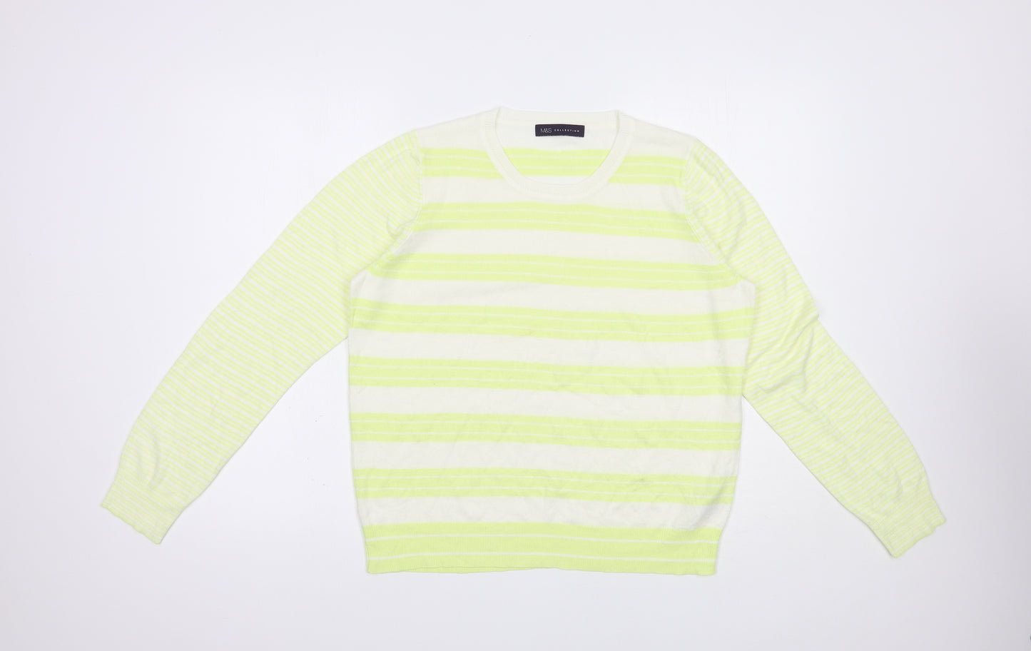 Marks and Spencer Womens White Crew Neck Striped Acrylic Pullover Jumper Size 14