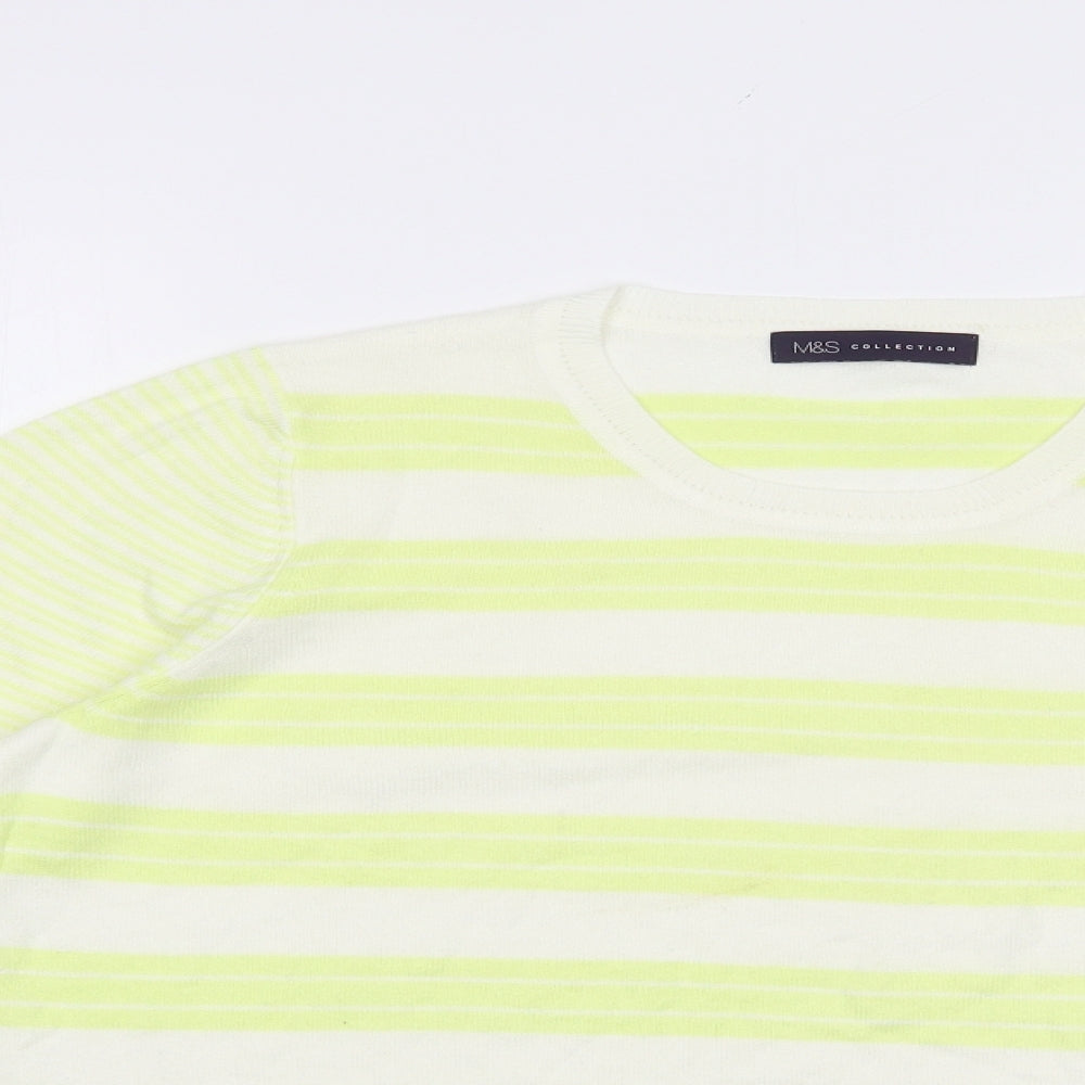 Marks and Spencer Womens White Crew Neck Striped Acrylic Pullover Jumper Size 14