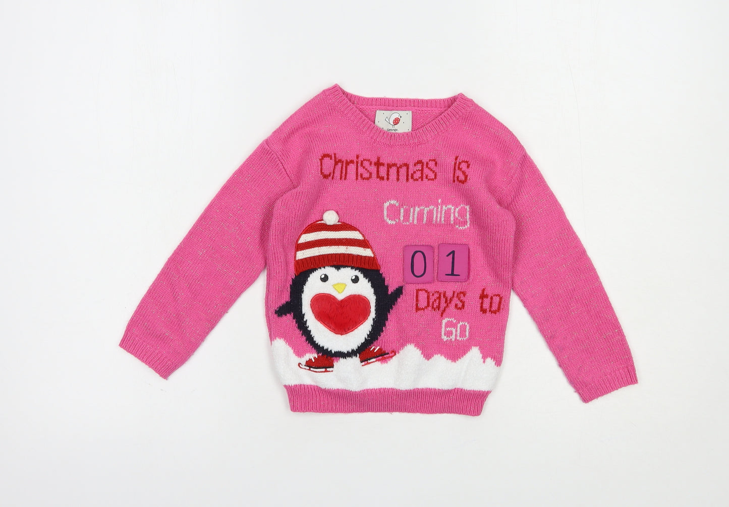 George Girls Pink Crew Neck  Acrylic Pullover Jumper Size 3-4 Years  Pullover - Christmas Jumper