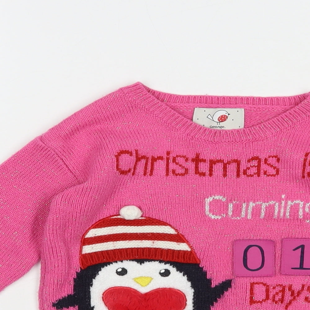 George Girls Pink Crew Neck  Acrylic Pullover Jumper Size 3-4 Years  Pullover - Christmas Jumper