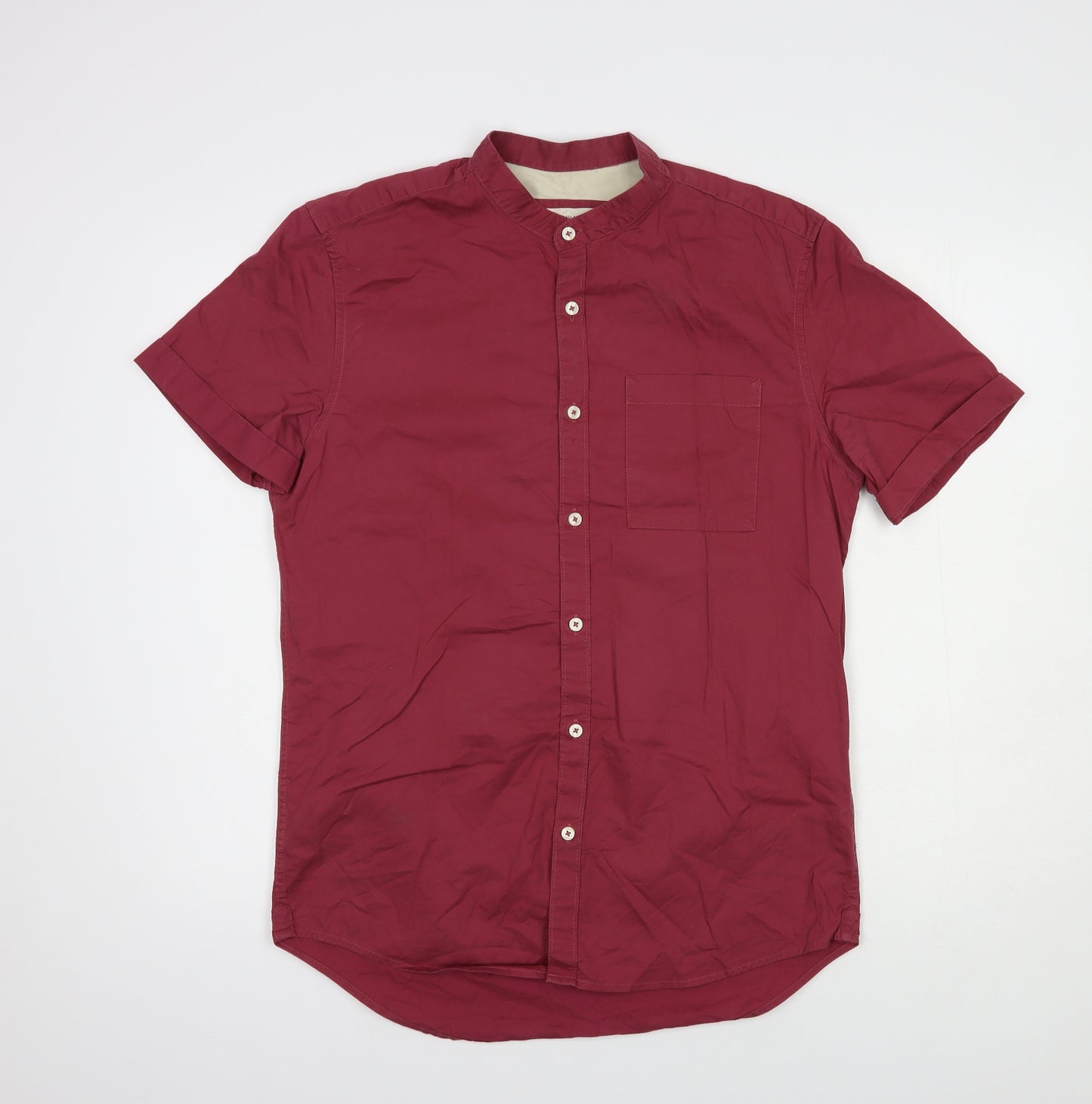River Island Mens Red  Cotton  Button-Up Size M Round Neck Button