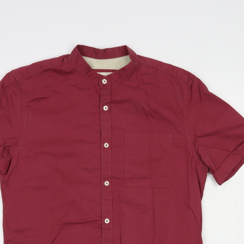 River Island Mens Red  Cotton  Button-Up Size M Round Neck Button