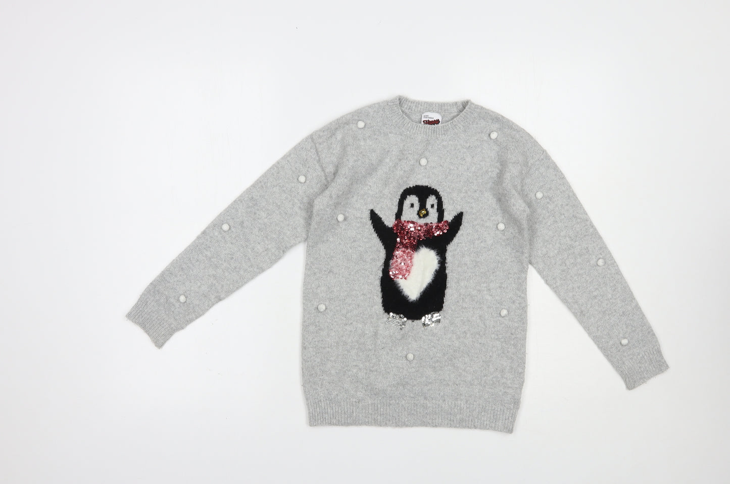 George Girls Grey Crew Neck  Acrylic Pullover Jumper Size 9-10 Years  Pullover - Penguin