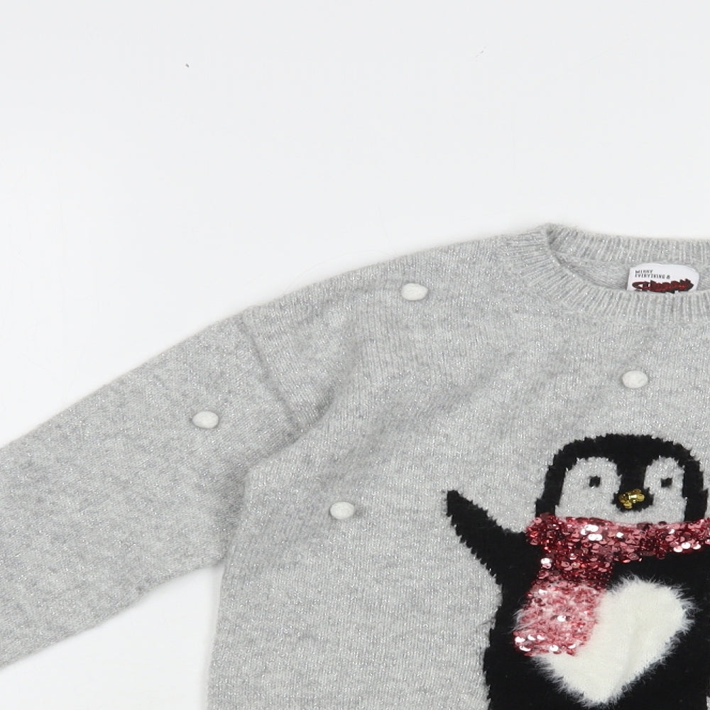 George Girls Grey Crew Neck  Acrylic Pullover Jumper Size 9-10 Years  Pullover - Penguin