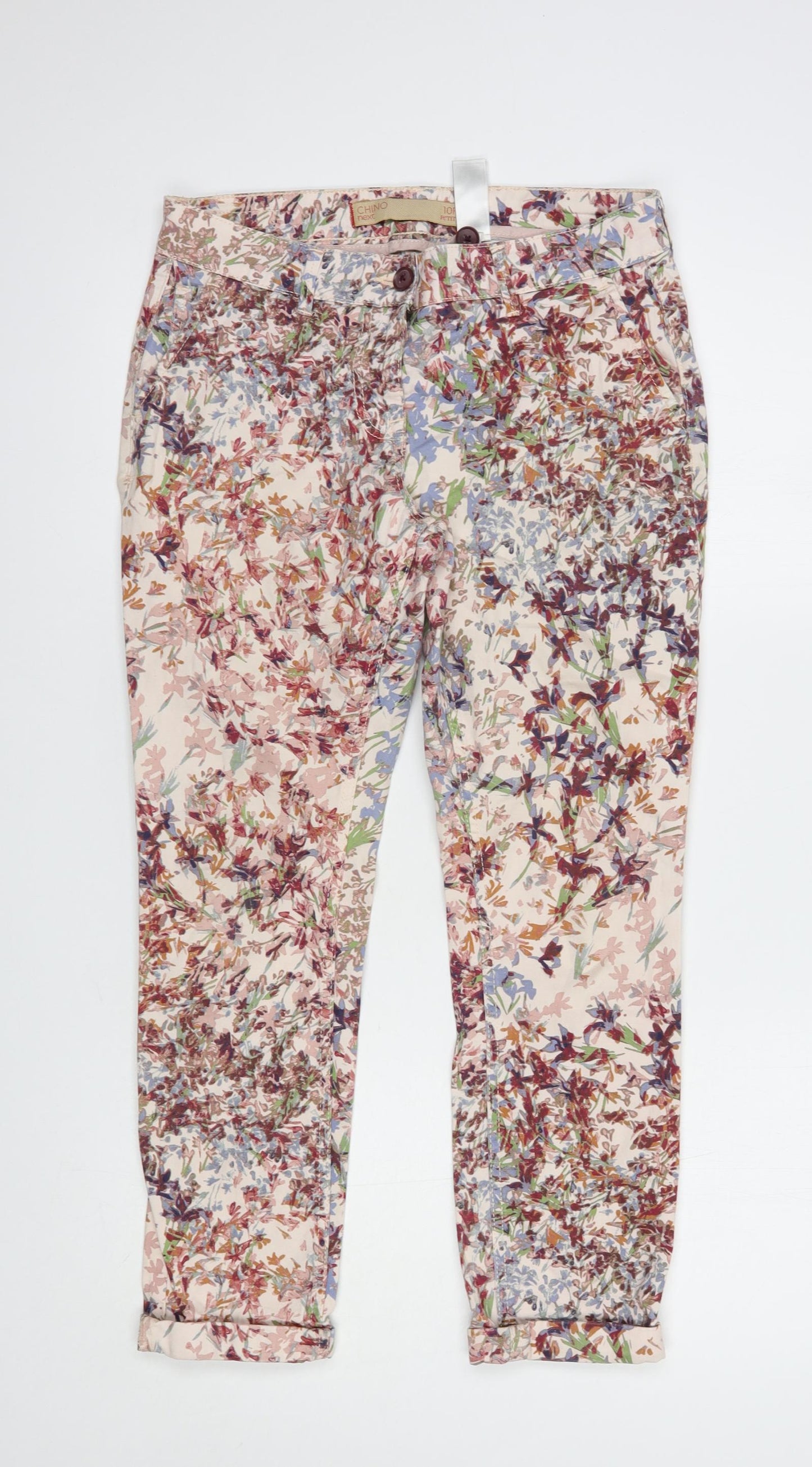 NEXT Womens Multicoloured Floral Cotton Chino Trousers Size 10 L27 in Regular Button