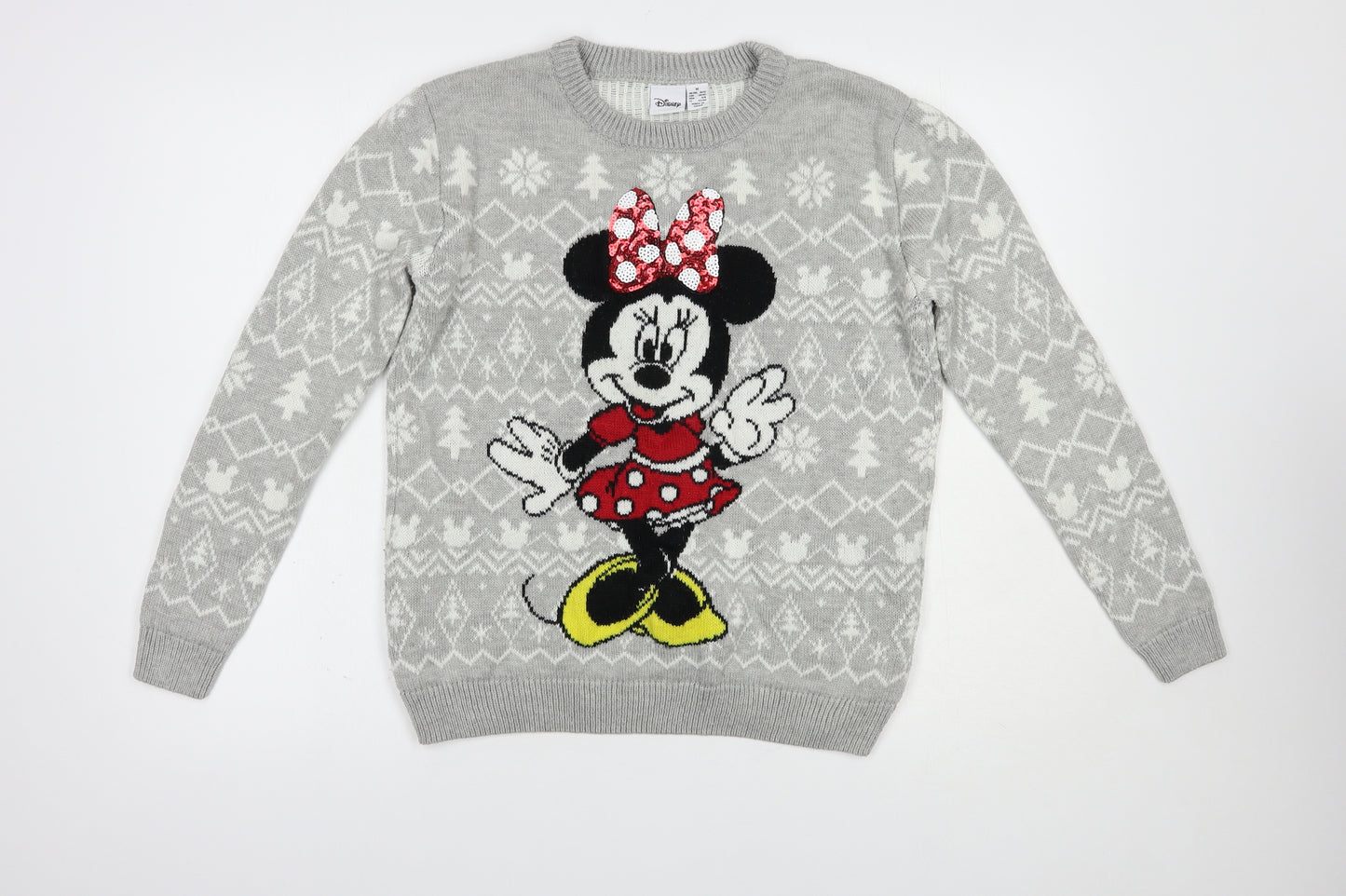 Primark Womens Grey Crew Neck Fair Isle Acrylic Pullover Jumper Size M   - Minnie Mouse