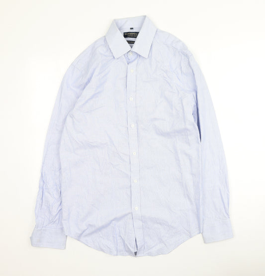 Front view of Hammond & Co men’s blue cotton button-up, size 15.5 collared