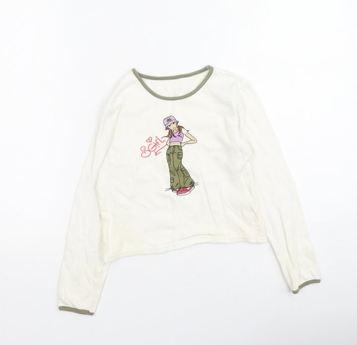 Dunnes Stores Girls Beige  Cotton Basic Casual Size 7 Years Round Neck