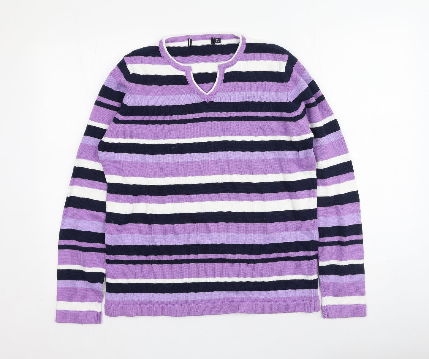 Preworn Womens Multicoloured V-Neck Striped Cotton Pullover Jumper Size M