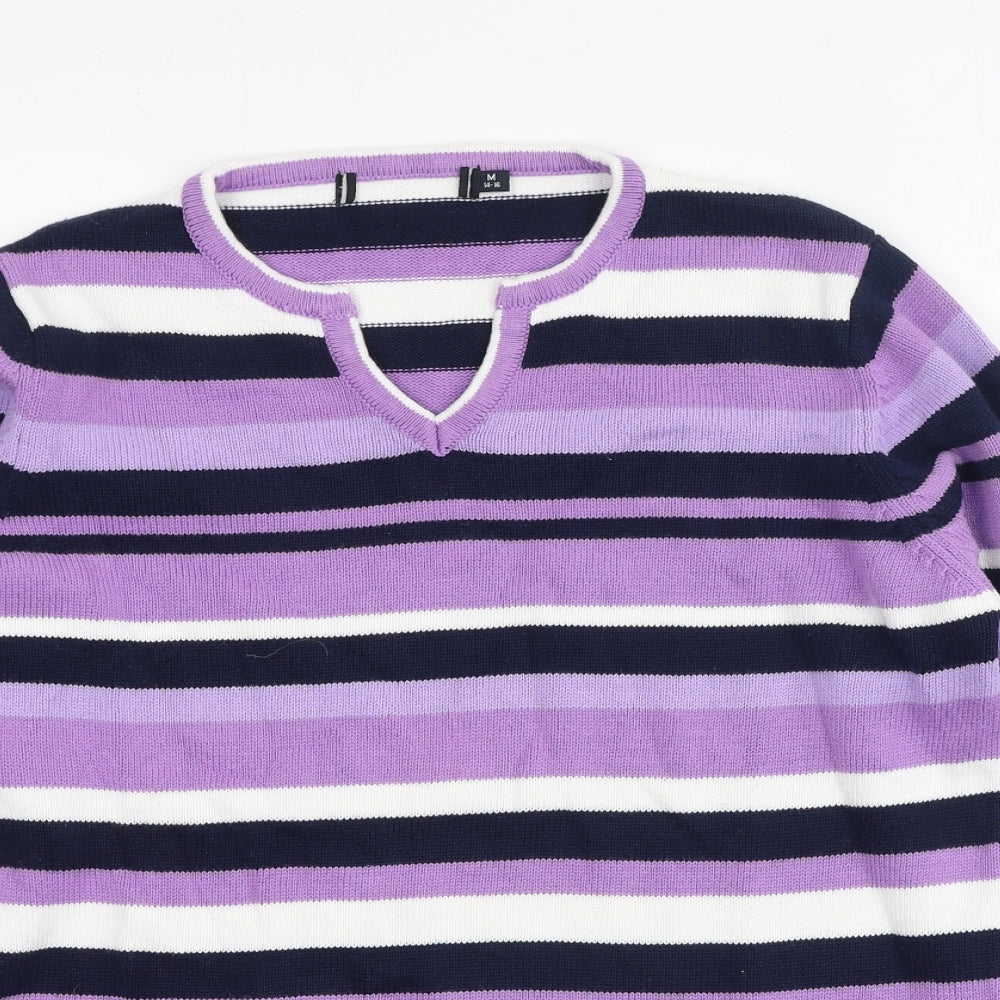 Preworn Womens Multicoloured V-Neck Striped Cotton Pullover Jumper Size M