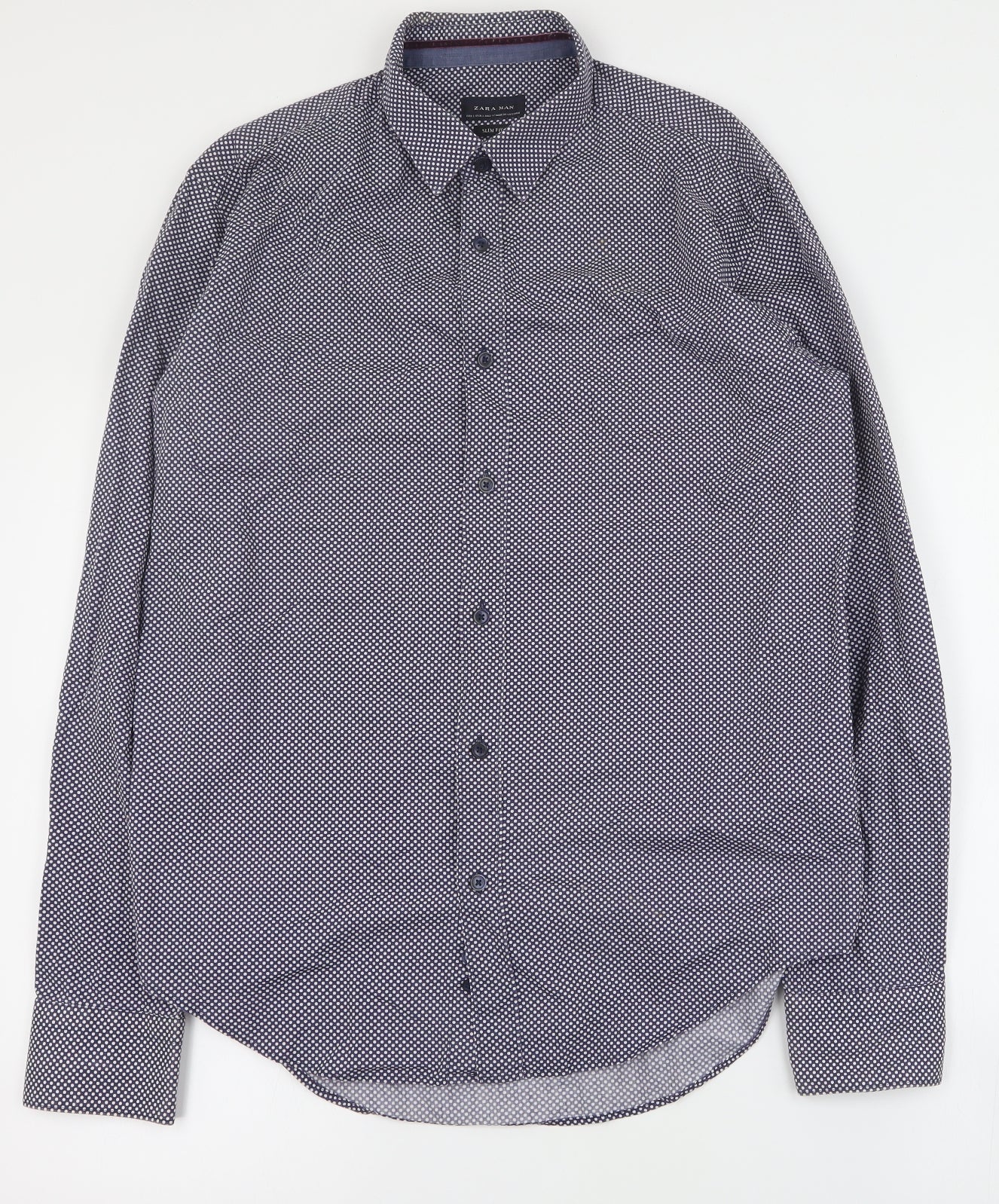 Zara Mens Purple Polka Dot Cotton  Button-Up Size L Collared Button