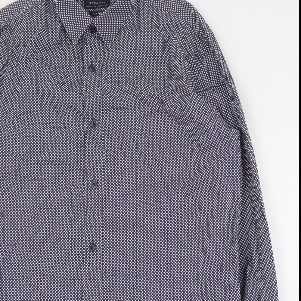 Zara Mens Purple Polka Dot Cotton  Button-Up Size L Collared Button