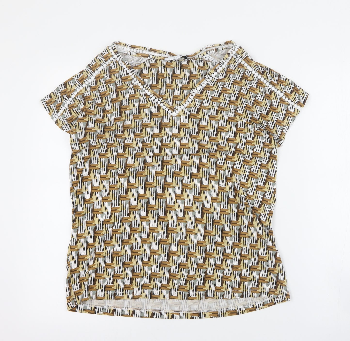 NEXT Womens Yellow Geometric Viscose Basic T-Shirt Size 10 V-Neck