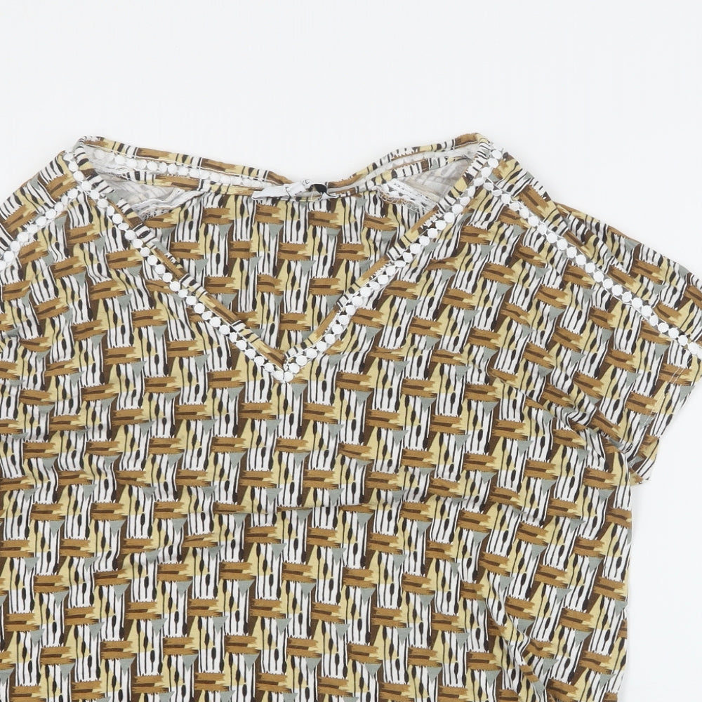 NEXT Womens Yellow Geometric Viscose Basic T-Shirt Size 10 V-Neck