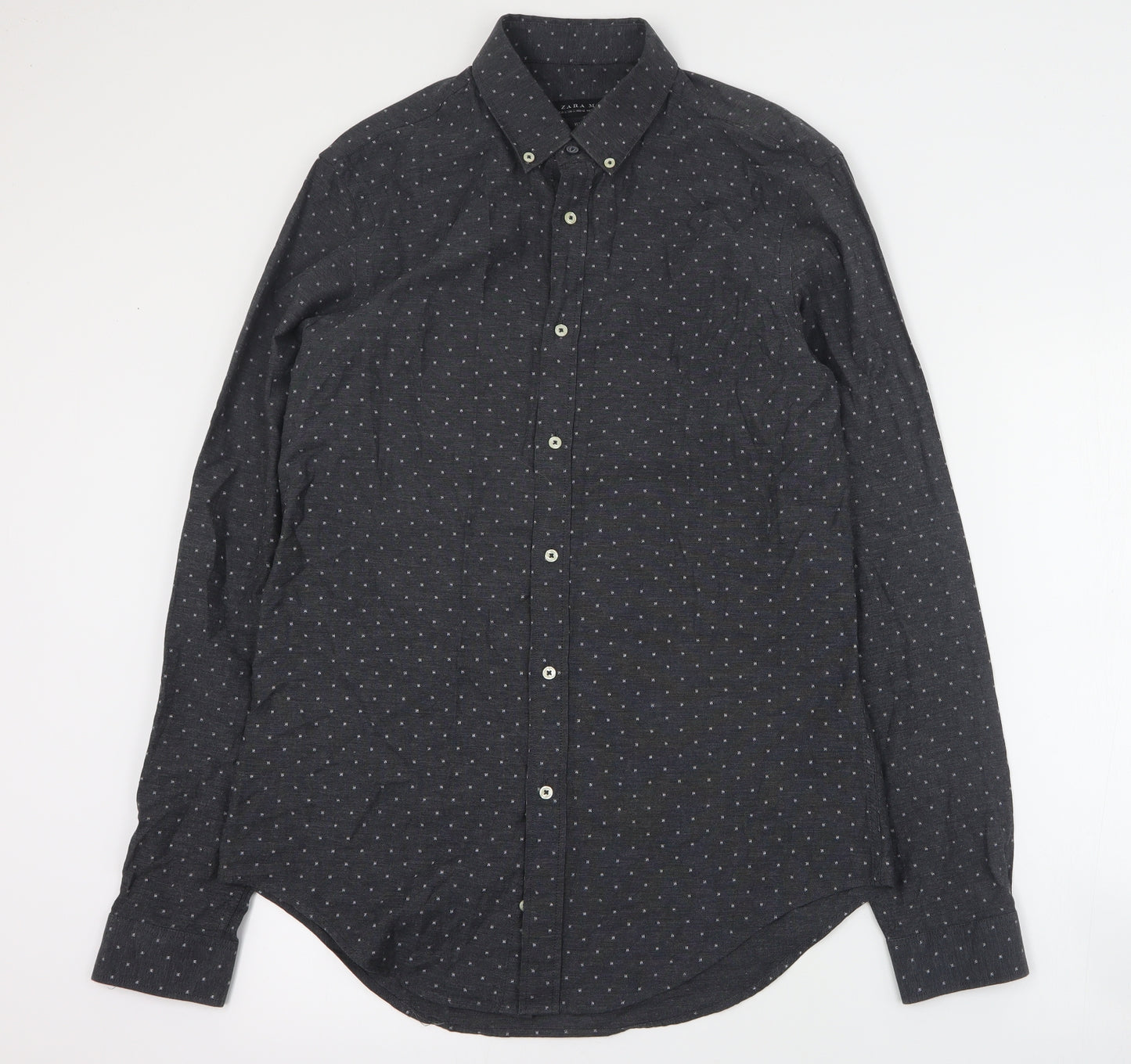 Zara Mens Black Polka Dot Cotton  Button-Up Size L Collared Button
