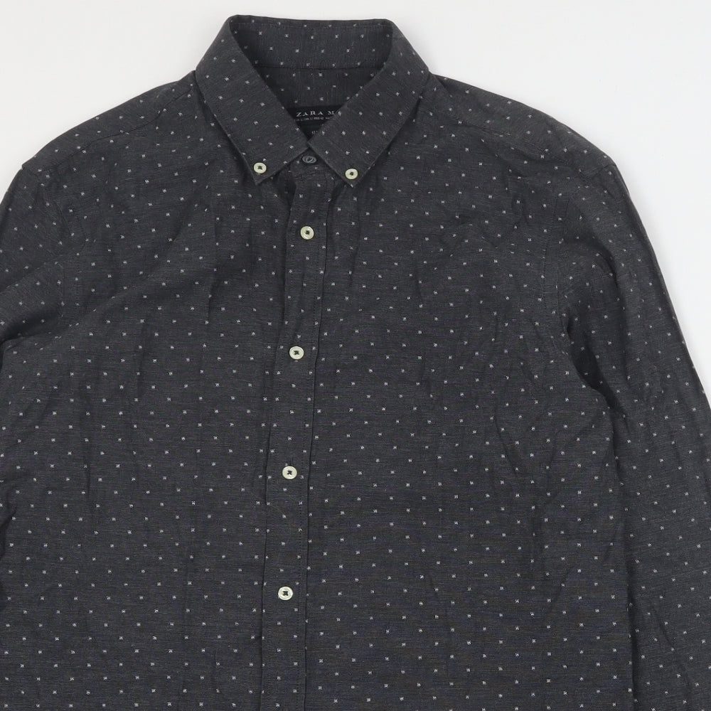 Zara Mens Black Polka Dot Cotton  Button-Up Size L Collared Button