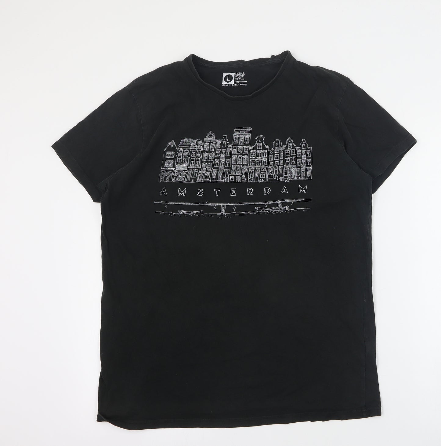 Primark Mens Black  Cotton  T-Shirt Size L Crew Neck  - Amsterdam