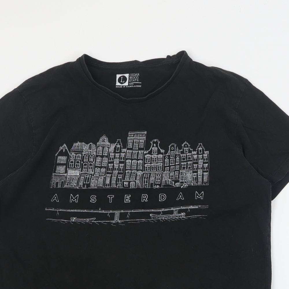Primark Mens Black  Cotton  T-Shirt Size L Crew Neck  - Amsterdam
