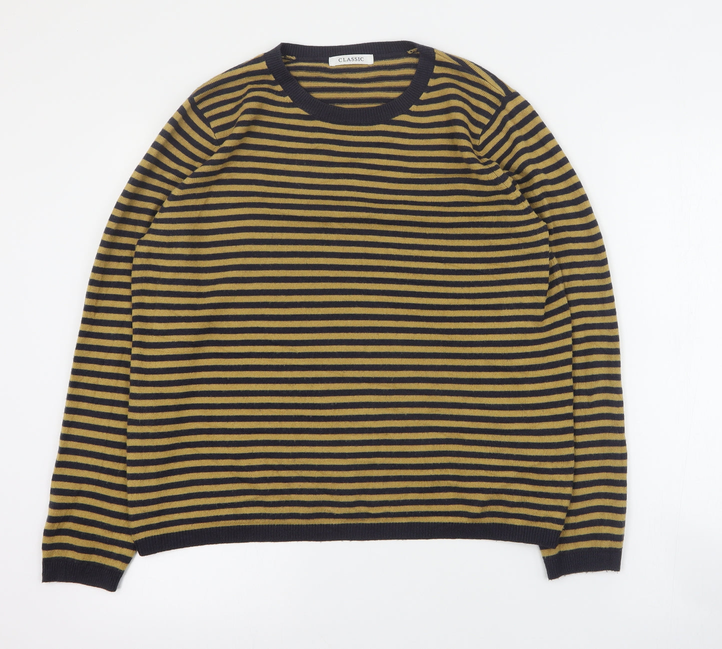 Marks and Spencer Womens Yellow Round Neck Striped Acrylic Pullover Jumper Size 14